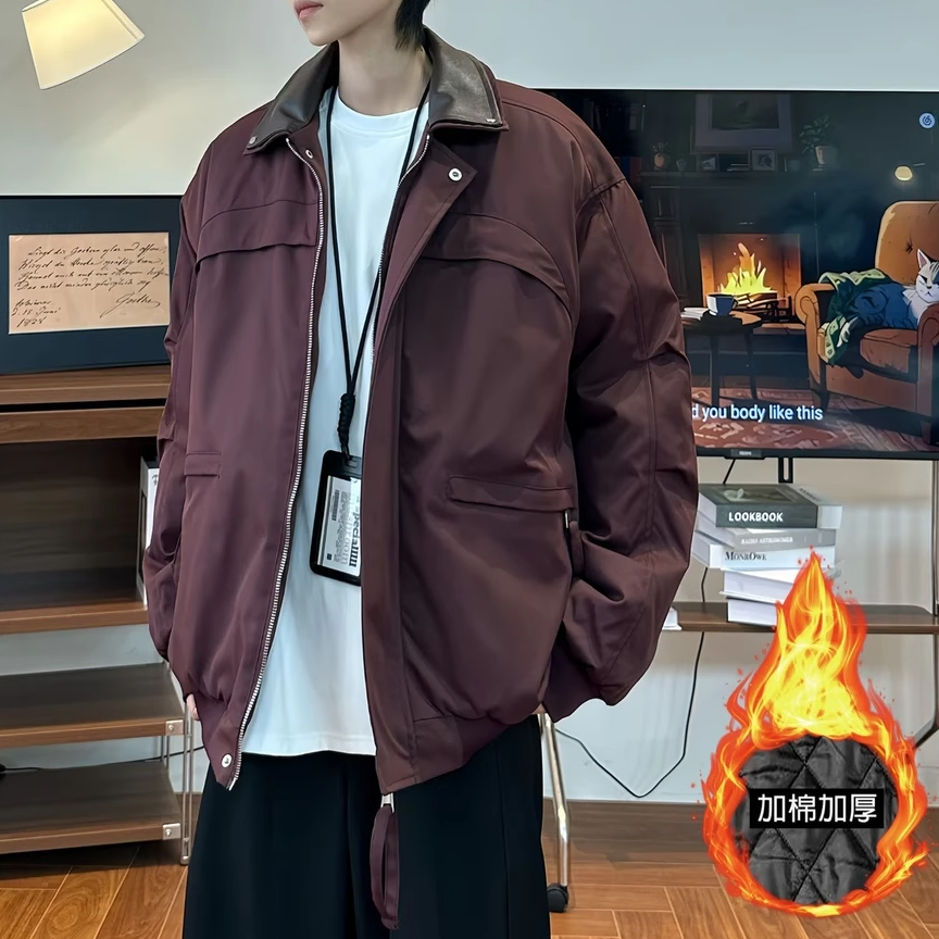 雷尔宾诺冬季老钱风TR斜纹潮男士短款铆钉双层领情侣夹克棉服上衣