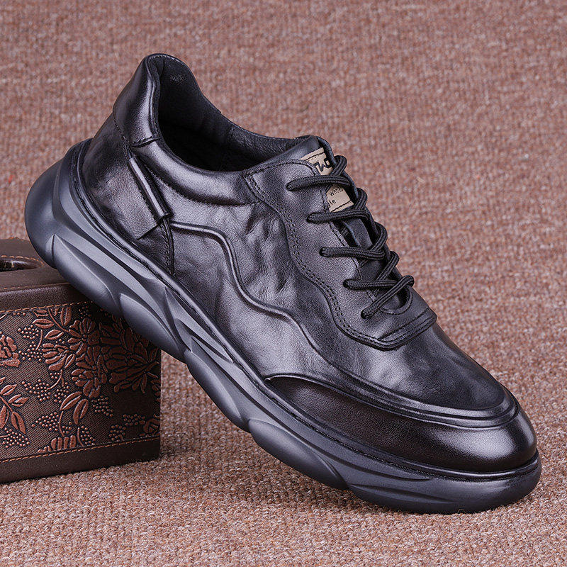 王师傅手工鞋真皮休闲黑色系带皮鞋圆头中跟透气轻便商务百搭男鞋