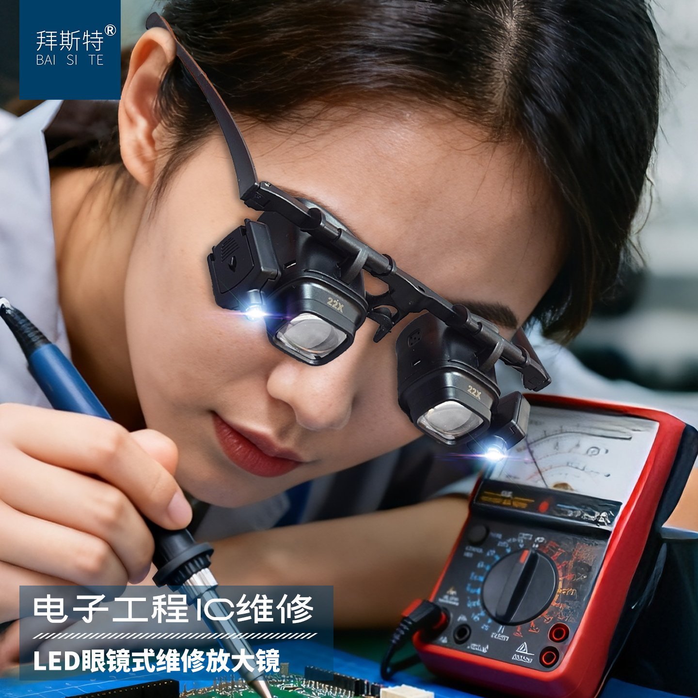 拜斯特头戴带灯高清眼镜式维修手机电路板机械表维修放大镜