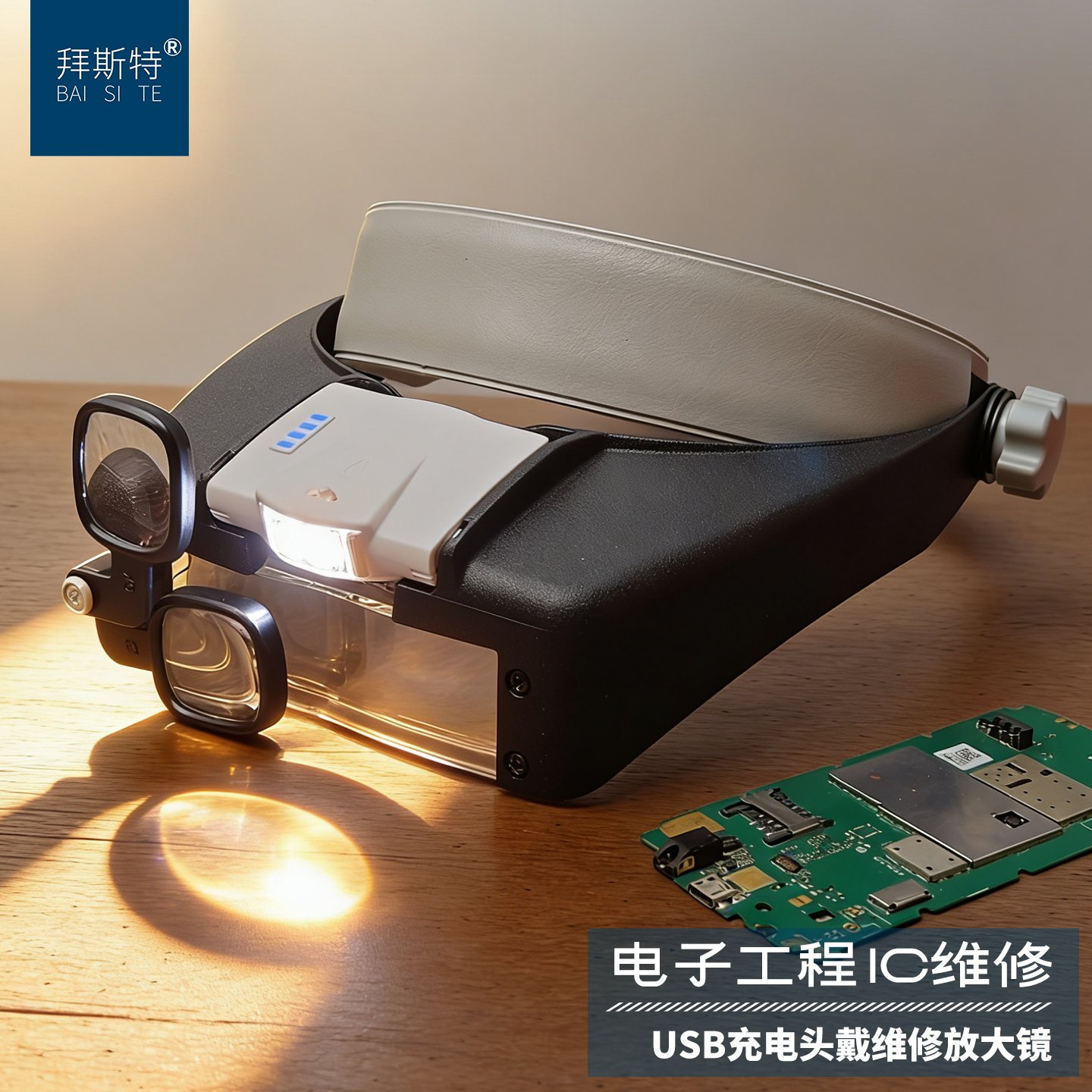 头戴式维修放大镜17倍高维修充电款头盔手机电子电路焊接带灯充电