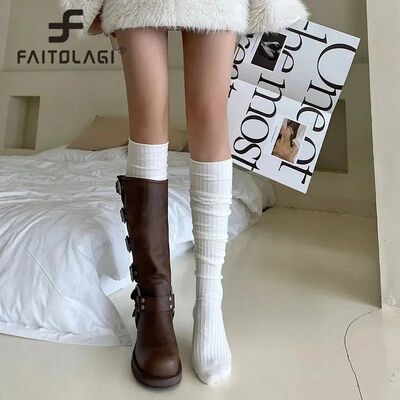 Spring Knee Length Stockings for Women White Pile Socks Fash