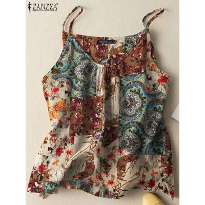 ZANZEA 2023 Summer Women Tanks Camis Cotton Sleeveless Print