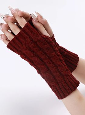 Burgundy Half Finger Winter Gloves for Women Men Christmas N