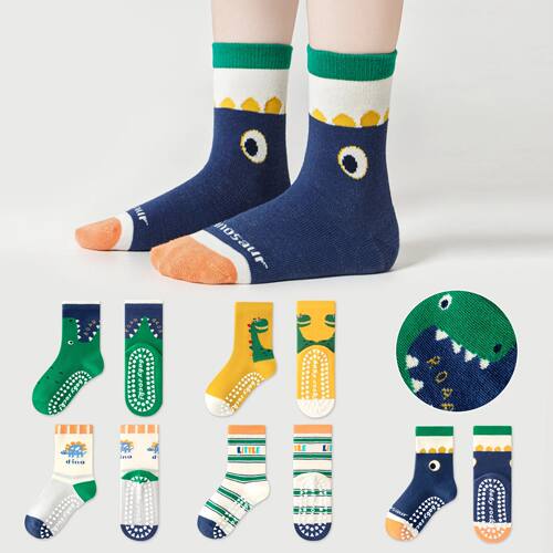 5 Pairs of Children's Floor Socks with Letter Stripes Cartoo