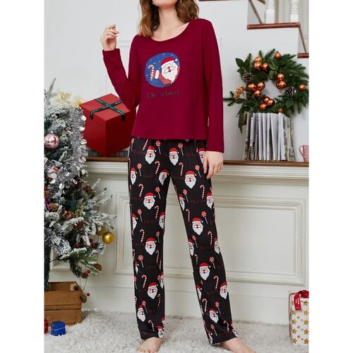 Women Christmas Pajamas Set Cartoon Santa Claus Print T-shir