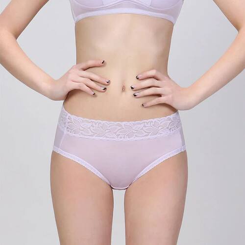 Mid-Waist Solid Color Mulberry Silk Panties Lace Trim Comfor