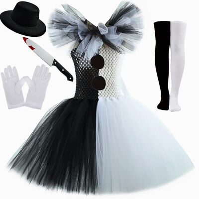 Girls Halloween Clown Costume Dress Kids Black White Scary C