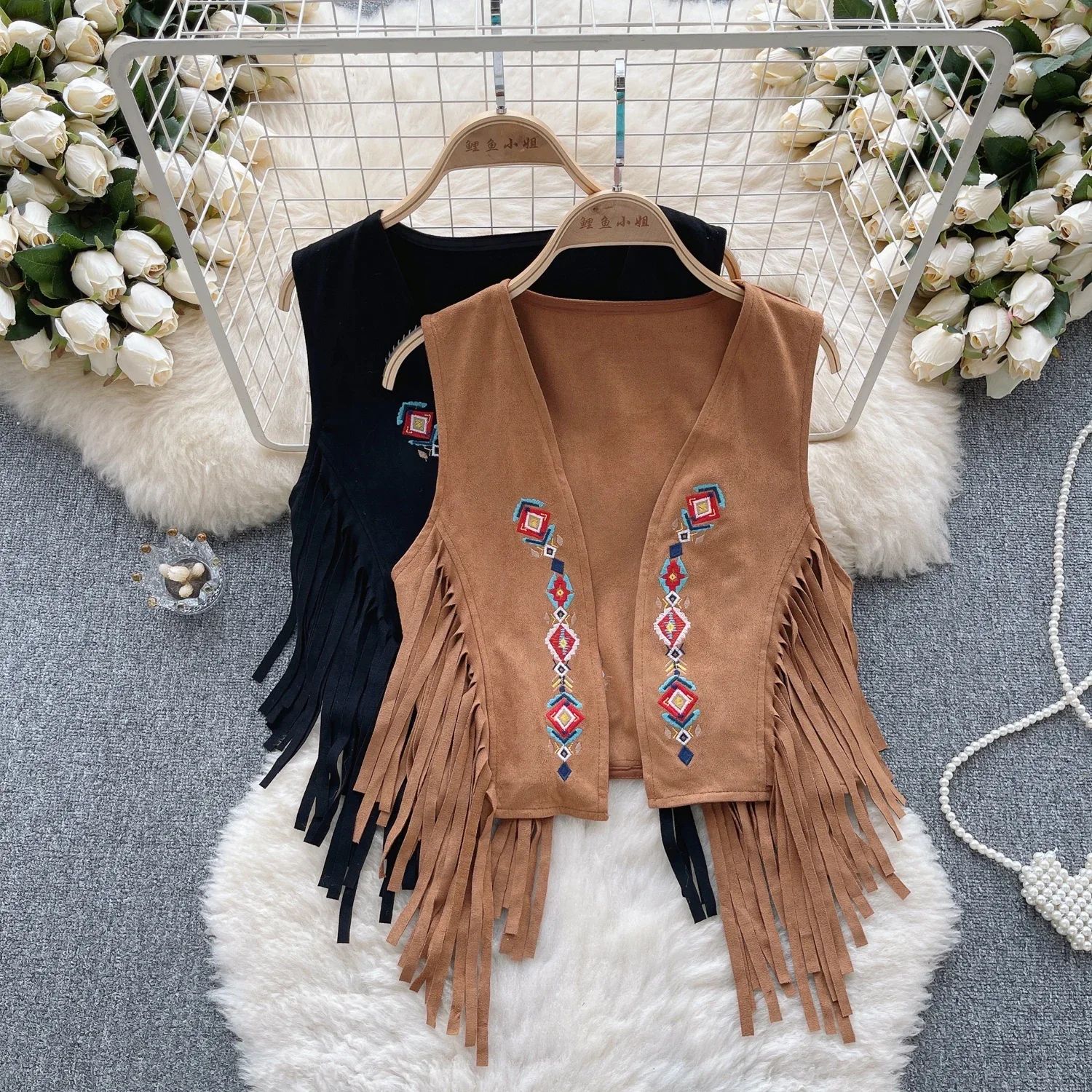 Bohemian Vests Top Women for Women Geometric Embroidery Tass