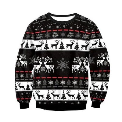 Men's Christmas Sweater Black White Reindeer Snowflake Print