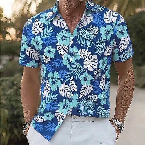 Men's Floral Print Tropical Flowers Palm Leaf Summer Hawaiia