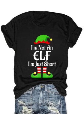 Festive Elf Graphic T-Shirt for Women Casual Round Neck Chri
