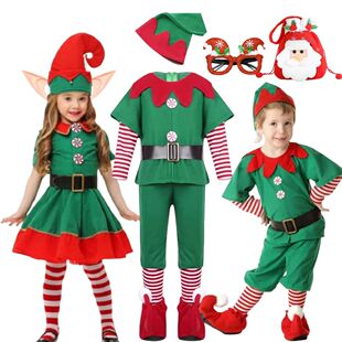New Year Elf Costume For Kids Girl Boy Green Santa Claus Sui