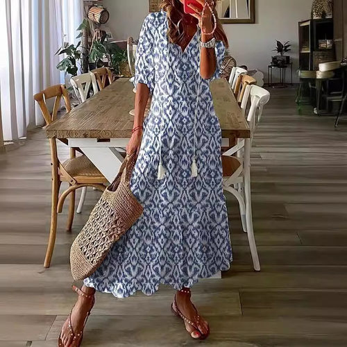 2025 Casual Sweet Loose V-neck Printed Long Dress With Hangi