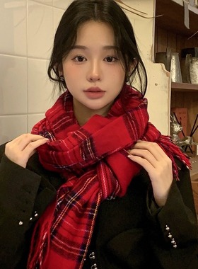 Christmas Red Plaid Scarf Women Winter All-match Men's And W
