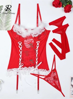 Christmas Party Erotic Sets Female Feather Lace Sexy Sheath
