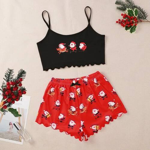 Sexy Female Christmas Pajamas Sling Tank Top Shorts Snowflak