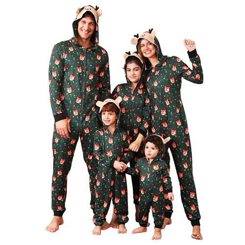 Family Christmas Pajamas Long Sleeve Hooded Deer Print Zippe