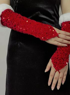New Year Red Party Fingerless Glitter Velvet Gloves Christma