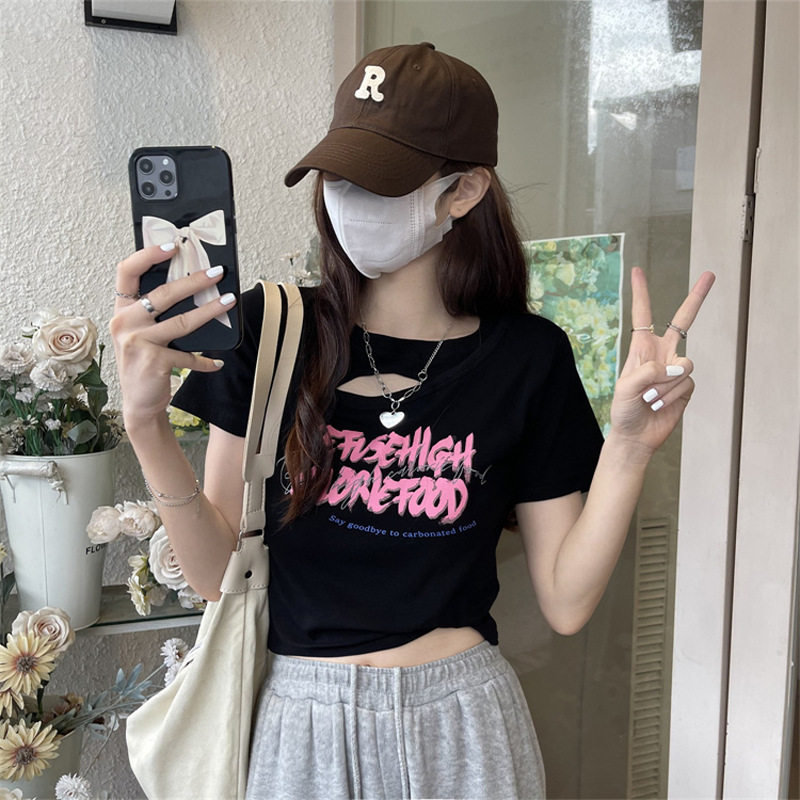 美式辣妹镂空短款T恤女夏季2025新款设计感修身显瘦短袖学生上衣