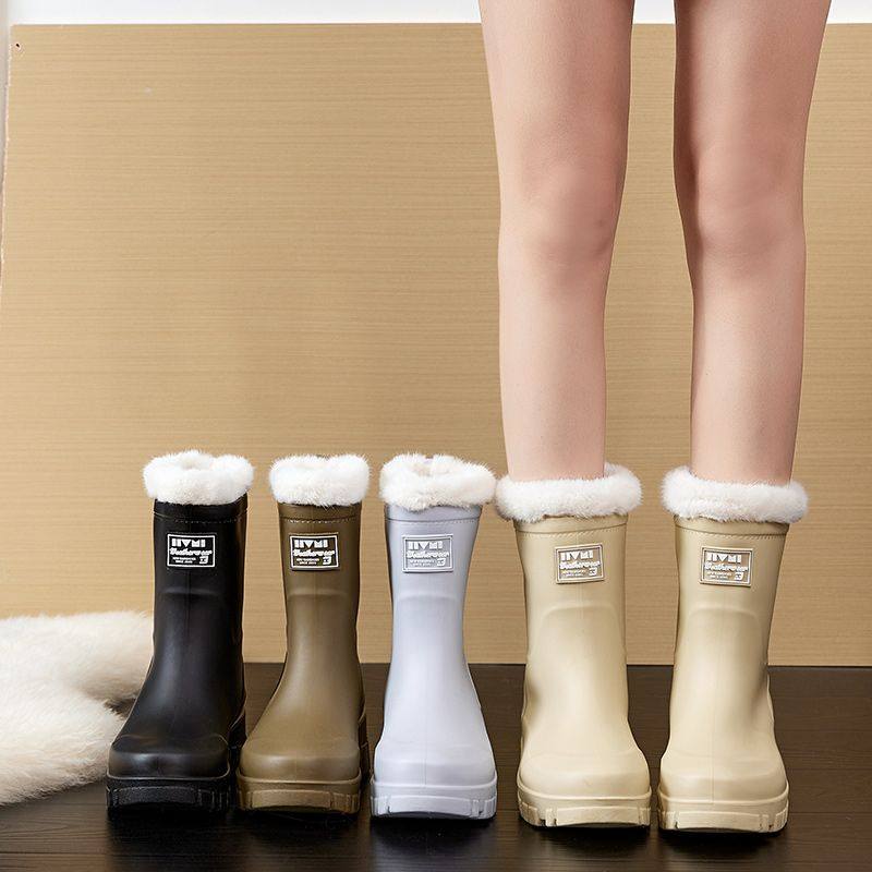 厨房防滑新款冬天保暖雨鞋中筒雨靴防水束口可调雨鞋女款时尚防滑