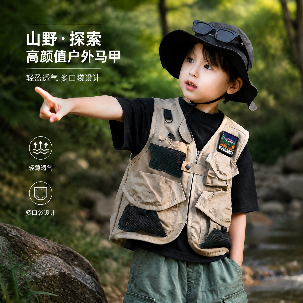 儿童速干马甲户外工装男女中大童登山露营新款亲子背心薄外套百搭