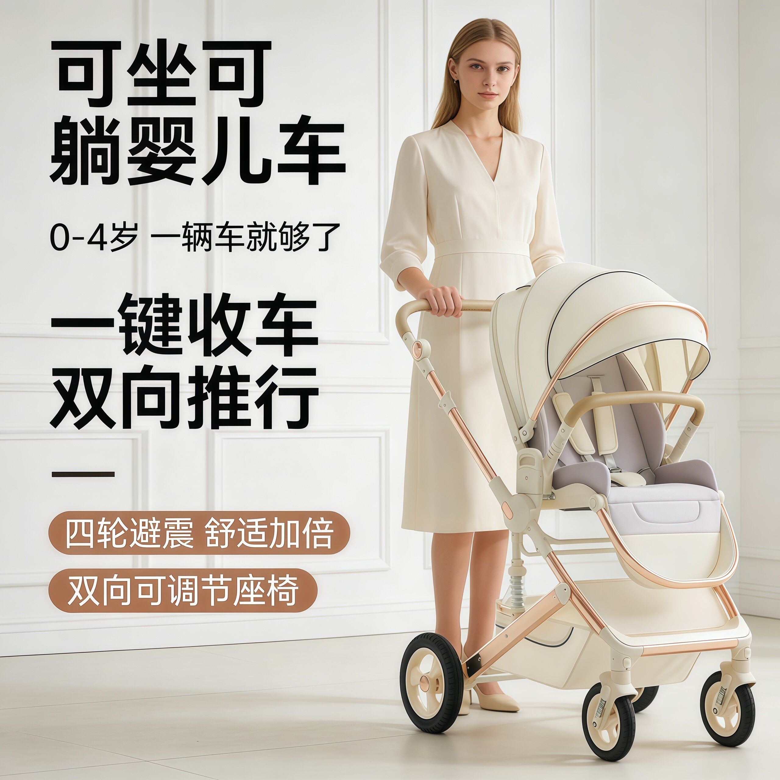 双向推行高景观婴儿推车可坐可躺