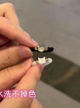 在逃公主戒指 可爱猫咪串珠戒指 女黑白猫头食指戒送闺蜜女友指环