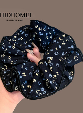 森系小碎花大肠发圈2025年新款藏蓝色双层印花扎马尾头绳发绳头饰