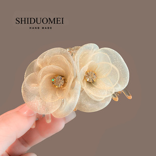 高级感香槟金网纱花朵抓夹2024新款 超仙马尾夹鲨鱼夹发卡精致发抓