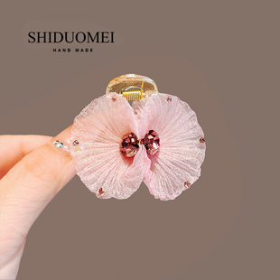 超仙轻纱渐变粉紫花朵小抓夹小号精致水钻发夹刘海夹前额发卡头饰