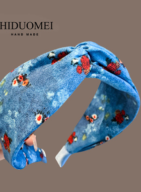 港风复古晕染花朵蓝色发箍女2025年新款宽边打结头箍气质发卡头饰