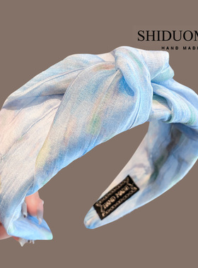 莫奈油画印染蓝色宽边打结发箍复古洋气显白高颅顶头箍压发卡头饰