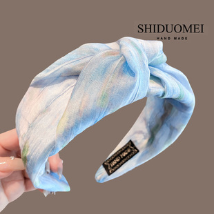 莫奈油画印染蓝色宽边打结发箍复古洋气显白高颅顶头箍压发卡头饰