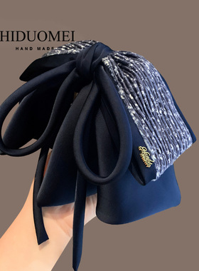 韩版缎面藏蓝色蝴蝶结马尾抓夹百搭流苏飘带气质后脑勺鲨鱼夹发夹