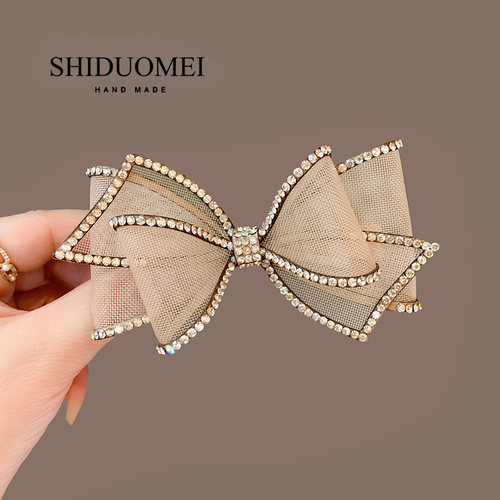 高级感香槟色水钻蝴蝶结发夹女