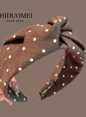 韩系复古波点咖色宽边打结发箍女2025年新款洋气增高炉顶头箍发卡