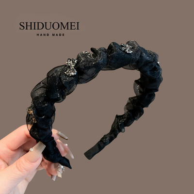 高级感网纱水钻蝴蝶结发箍女2025新款高颅顶头箍外出防滑带齿发卡