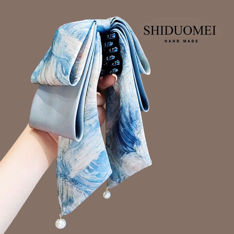 水墨印染飘带蝴蝶结抓夹中号发夹