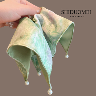 莫奈油画缎面方巾大肠发圈高级感珍珠吊坠肥肠圈精致盘发头绳发绳