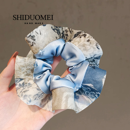 油画风复古水晶印花蓝色大肠发圈