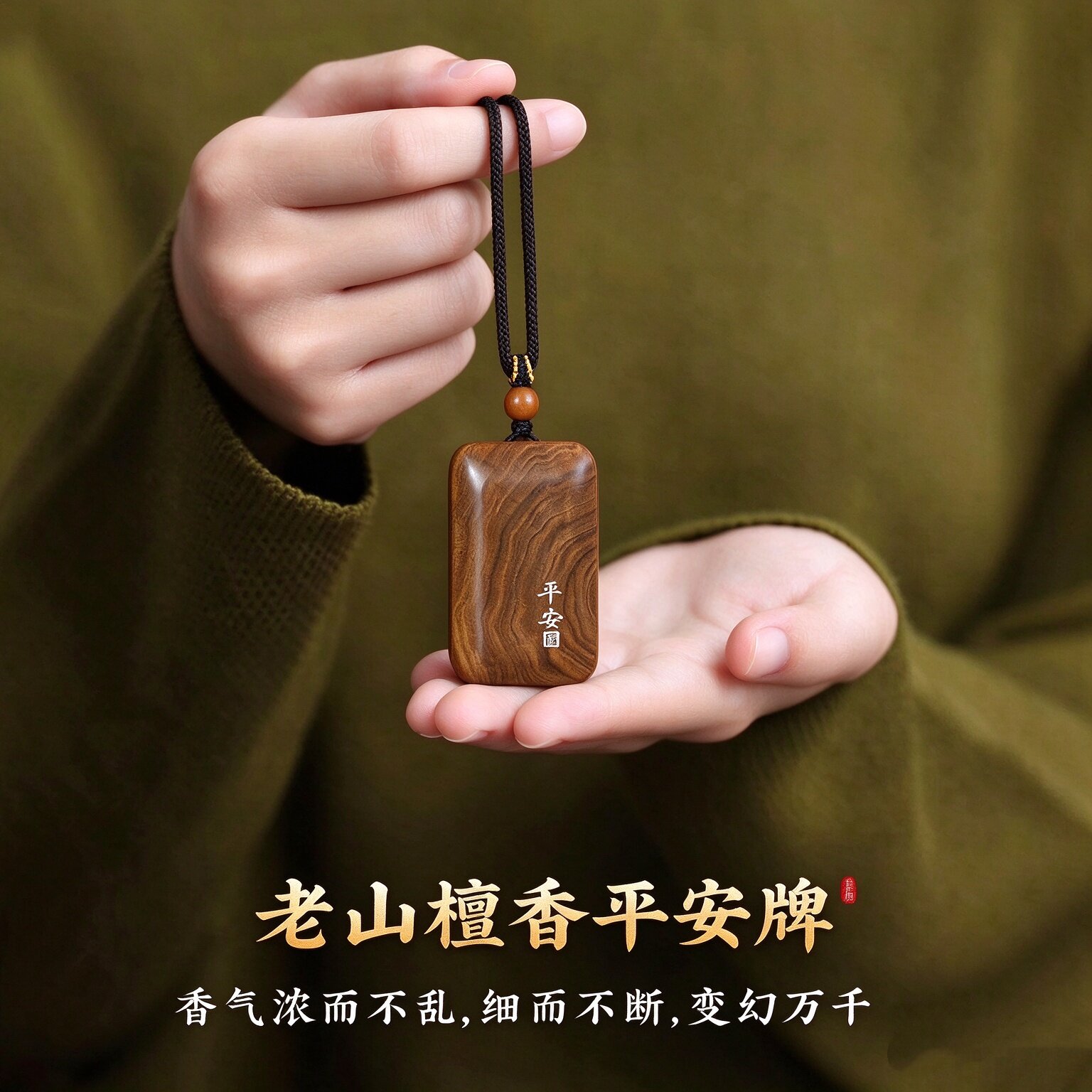 正区印度老山檀香平安无事牌吊坠黑肉老料古法纯银镶嵌包包车挂件