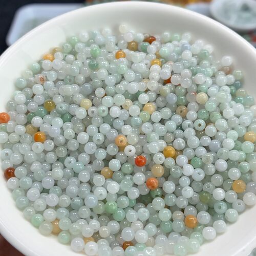 天然翡翠A货卡3.5mm淡三彩小米珠100颗