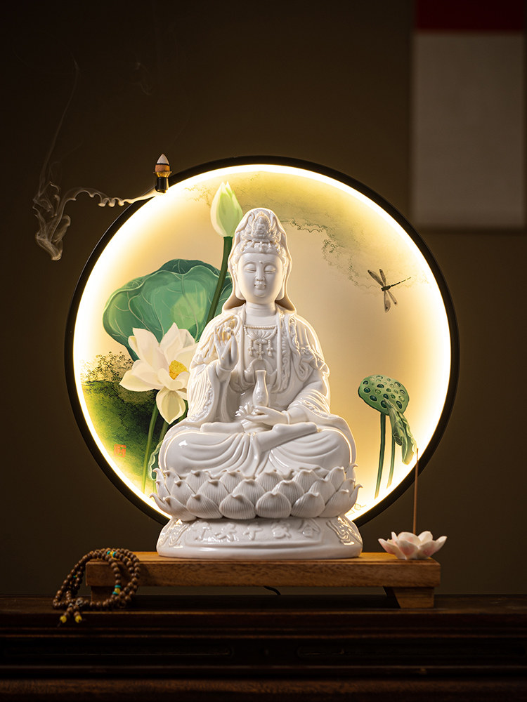 陶瓷大坐莲观音佛像家装灯圈德化白瓷南海观音菩萨像