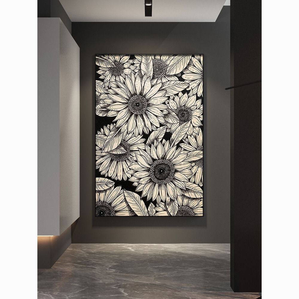 现代向日葵装饰画小众个性时尚黑白灰客厅背景墙挂画进门玄关壁画