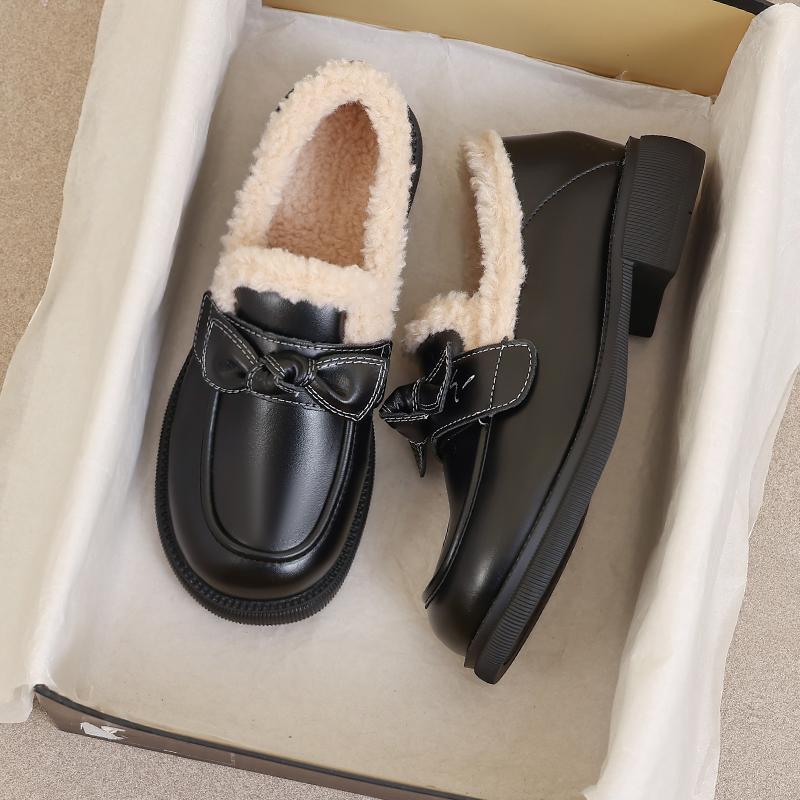 牛皮版~大码41毛毛乐福鞋加绒平底英伦小皮鞋女秋冬2025新款棉鞋