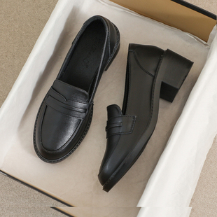 羊皮版~小皮鞋女高跟秋冬英伦风小黑色软底职业加绒舒适乐福鞋