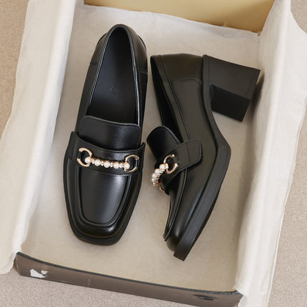 羊皮版~7CM英伦风法式复古高跟单鞋女2026春季新款粗跟黑色乐福鞋