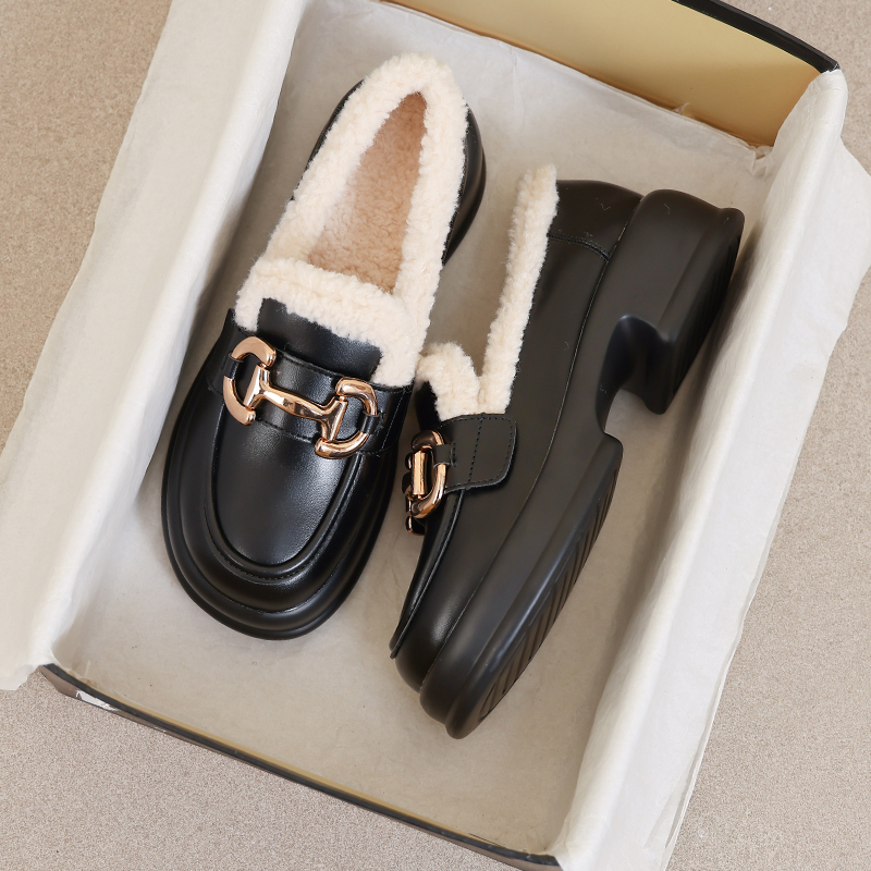 牛皮版~法式加绒厚底小皮鞋女2025新款冬季女士增高乐福保暖棉鞋
