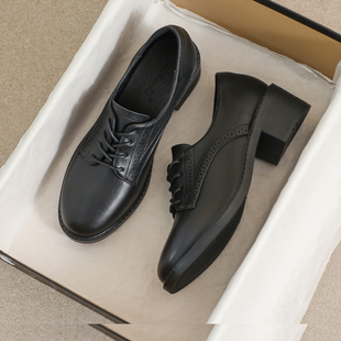 牛皮版~小皮鞋女款2025新款秋冬英伦风黑色软底加绒高跟乐福鞋子