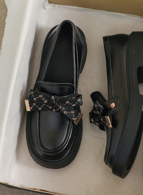 牛皮版~黑色乐福鞋女2026秋冬新款厚底英伦小皮鞋大码41到43女鞋